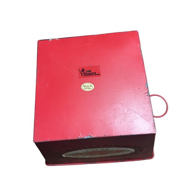 Red Metal Pot Tin Noel Joy Peace Christmas Holiday Flower Plant Planter Vase - Picture 9 of 16